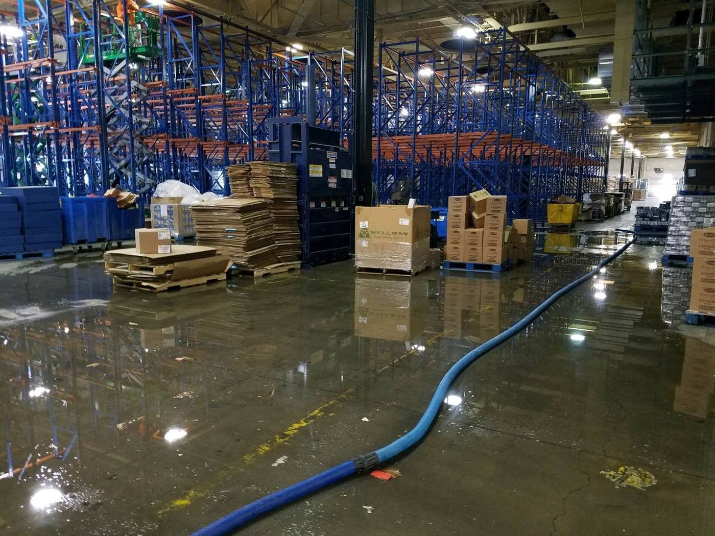 Large warehouse floor during a commercial water cleanup